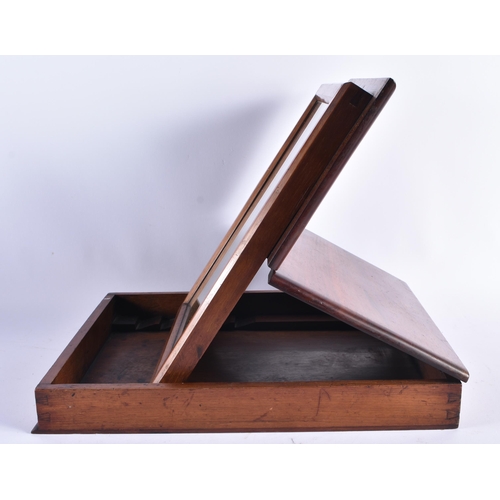 405 - A CHARMING ANTIQUE MILITARY MAHOGANY FOLDING CAMPAIGN MIRROR. 38 cm x 28 cm.