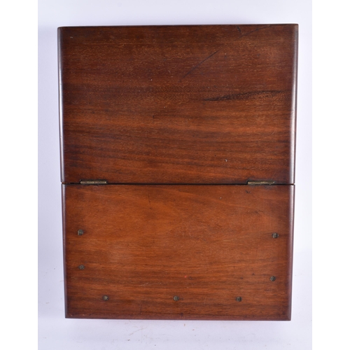 405 - A CHARMING ANTIQUE MILITARY MAHOGANY FOLDING CAMPAIGN MIRROR. 38 cm x 28 cm.