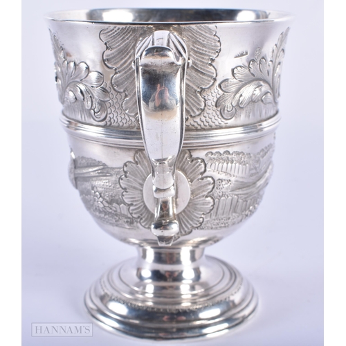 40D - A RARE 18TH CENTURY IRISH TWIN HANDLED LOVING CUP by W Townsend. Dublin 1750. 445g. 13 cm x 18 cm.