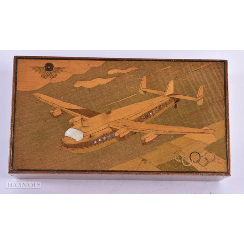 424 - AN LAC BERESFORD AND HICKS OLYMPIC PARQUETRY INLAID WOOD CIGAR BOX. 21 cm x 15 cm.