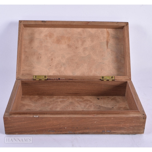 424 - AN LAC BERESFORD AND HICKS OLYMPIC PARQUETRY INLAID WOOD CIGAR BOX. 21 cm x 15 cm.