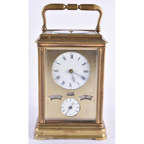 436 - A 19TH CENTURY FRENCH MULTI DIAL BRASS REPEATING CARRIAGE CLOCK with three silvered calender dials. ... 