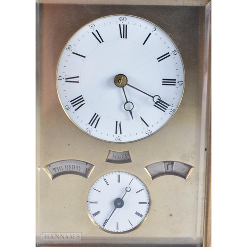 436 - A 19TH CENTURY FRENCH MULTI DIAL BRASS REPEATING CARRIAGE CLOCK with three silvered calender dials. ... 