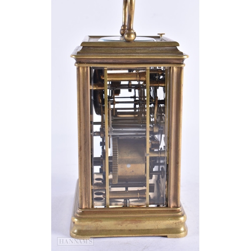 436 - A 19TH CENTURY FRENCH MULTI DIAL BRASS REPEATING CARRIAGE CLOCK with three silvered calender dials. ... 