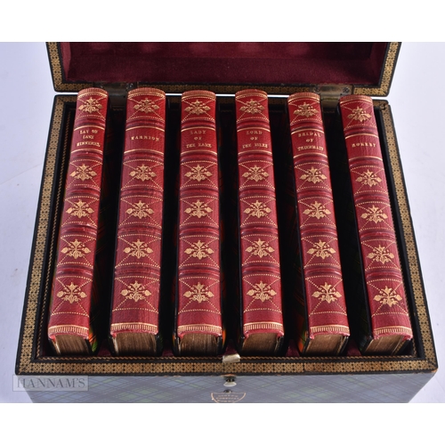 445 - A FINE VICTORIAN SCOTTISH TARTANWARE BOXED SET OF BOOKS the lid rising to reveal Scott's Political w... 