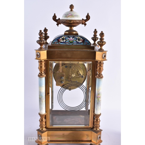 449 - A FINE 19TH CENTURY FRENCH CHAMPLEVE ENAMEL AND PORCELAIN REGUALTOR CLOCK GARNITURE painted with put... 