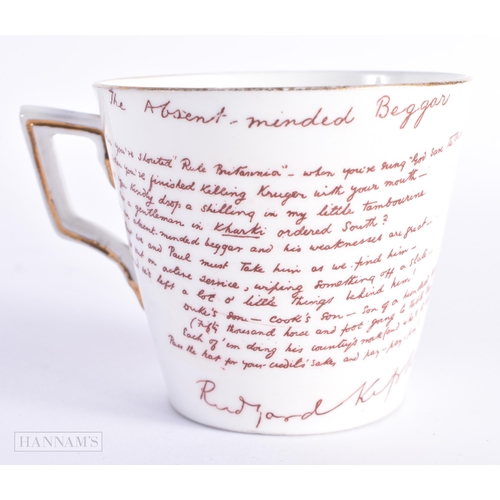 451 - A RARE MACINTYRES MILITARY INTEREST RUDYARD KIPLING CUP AND SAUCER. 14 cm wide. (2)