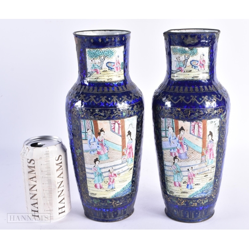 457 - A PAIR OF 19TH CENTURY CHINESE CANTON ENAMEL VASES Qing. 27 cm high.