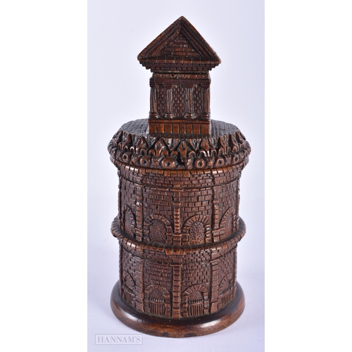 45A - A LOVELY EARLY 19TH CENTURY TREEN TOWER BOX AND COVER formed with a corinthian columned capped templ... 