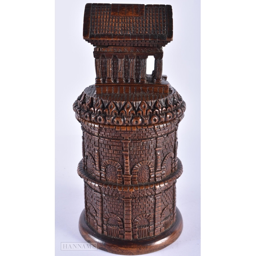 45A - A LOVELY EARLY 19TH CENTURY TREEN TOWER BOX AND COVER formed with a corinthian columned capped templ... 