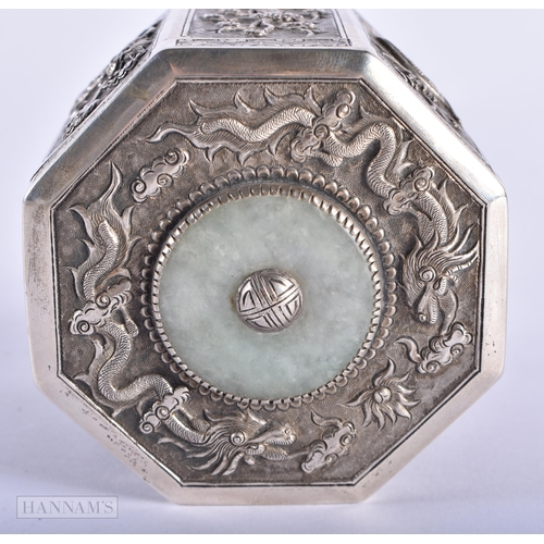 45C - A LATE 19TH CENTURY CHINESE STRAITS SILVER BOX AND COVER inset with a jadeite disc. 8 x 8.5 cm