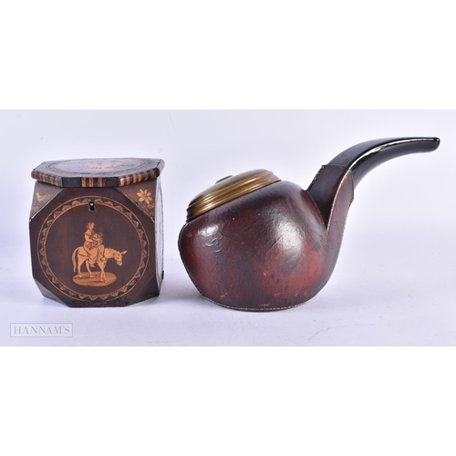 462 - AN UNUSUAL VINTAGE LEATHER CIGARETTE PIPE DISPENSER together with an antique Italian sorrento ware t... 