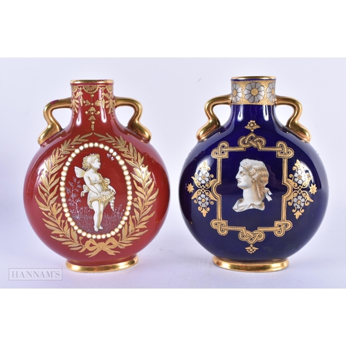 467 - A FINE PAIR OF COALPORT TWIN HANDLED PORCELAIN JEWELLED PILGRIM FLASKS both enamelled in relief with... 