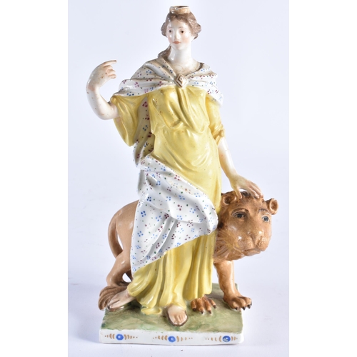 508 - A RARE 18TH CONTINENTAL PORCELAIN FIGURE OF A FEMALE modelled resting upon a lion. 21 cm high.