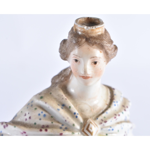 508 - A RARE 18TH CONTINENTAL PORCELAIN FIGURE OF A FEMALE modelled resting upon a lion. 21 cm high.