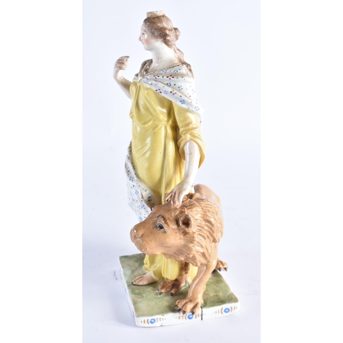 508 - A RARE 18TH CONTINENTAL PORCELAIN FIGURE OF A FEMALE modelled resting upon a lion. 21 cm high.