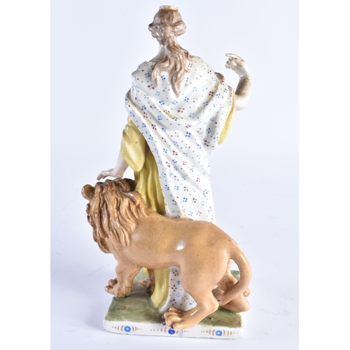 508 - A RARE 18TH CONTINENTAL PORCELAIN FIGURE OF A FEMALE modelled resting upon a lion. 21 cm high.