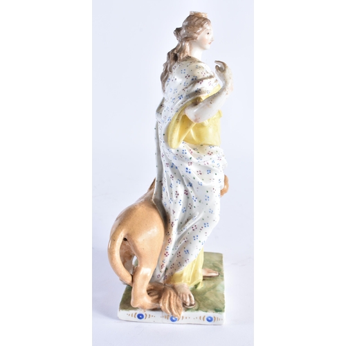 508 - A RARE 18TH CONTINENTAL PORCELAIN FIGURE OF A FEMALE modelled resting upon a lion. 21 cm high.