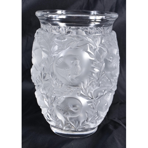 511 - A LALIQUE GLASS BIRD VASE. 17 cm x 11 cm.