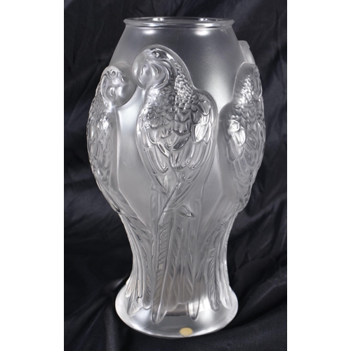 513 - A LARGE LALIQUE GLASS PARROT VASE. 25 cm high.