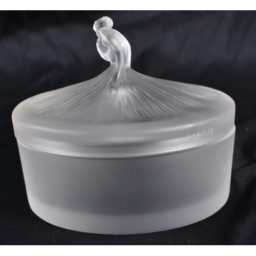 515 - A FRENCH LALIQUE GLASS MAIDEN BOX AND COVER. 8 cm diameter.