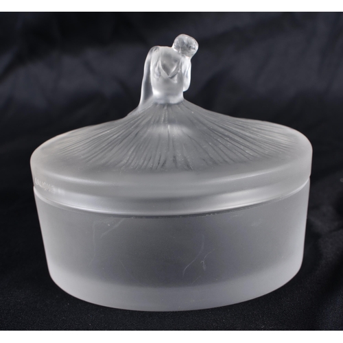 515 - A FRENCH LALIQUE GLASS MAIDEN BOX AND COVER. 8 cm diameter.