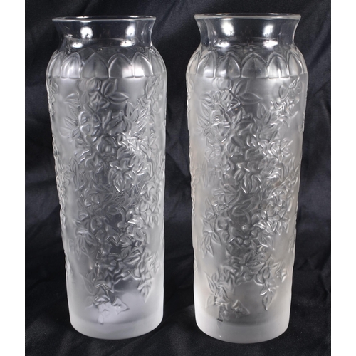 516 - A PAIR OF LALIQUE GLASS VASES. 18 cm high.