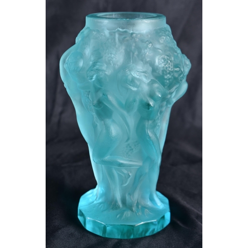 518 - A CZECH BLUE GLASS NUDE WOMEN VASE. 13 cm high.