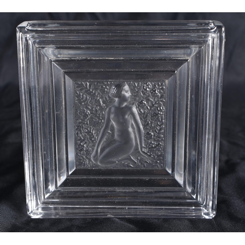 519 - A LALIQUE SQUARE FORM GLASS MAIDEN BOX AND COVER. 9.5 cm square.