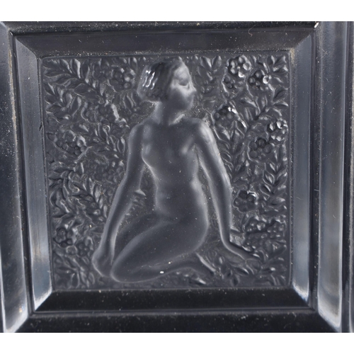 519 - A LALIQUE SQUARE FORM GLASS MAIDEN BOX AND COVER. 9.5 cm square.