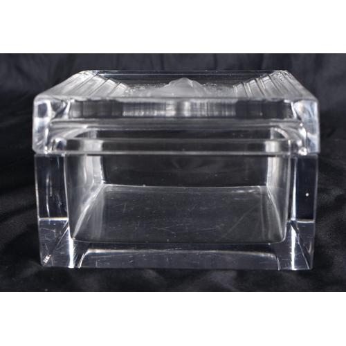 519 - A LALIQUE SQUARE FORM GLASS MAIDEN BOX AND COVER. 9.5 cm square.