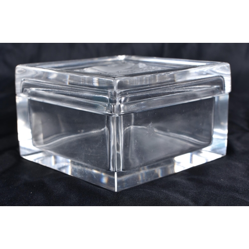 519 - A LALIQUE SQUARE FORM GLASS MAIDEN BOX AND COVER. 9.5 cm square.