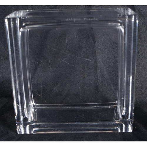 519 - A LALIQUE SQUARE FORM GLASS MAIDEN BOX AND COVER. 9.5 cm square.