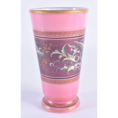 52 - A 19TH CENTURY ENAMELLED PINK OPALINE GLASS BEAKER painted in relief with mythical birds. 15 cm high... 