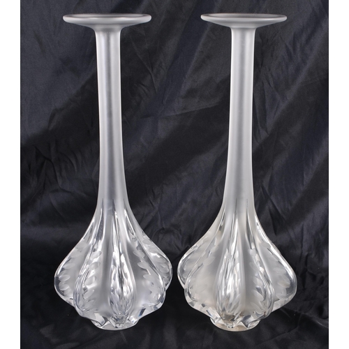 523 - A LARGE PAIR OF LALIQUE GLASS VASES. 35 cm high.