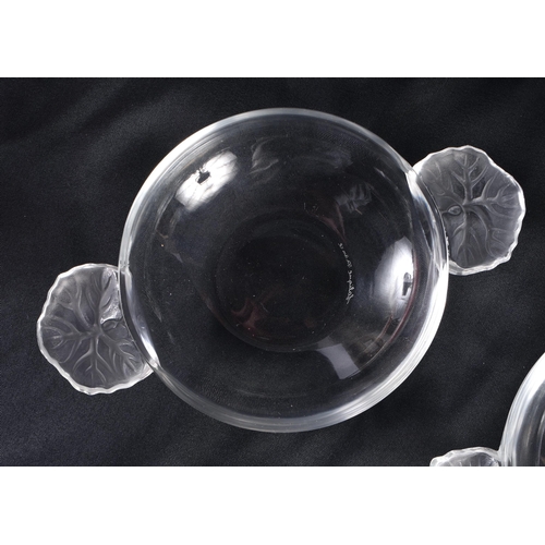 529 - A SET OF SIX LALIQUE GLASS DISHES. 15 cm wide. (6)