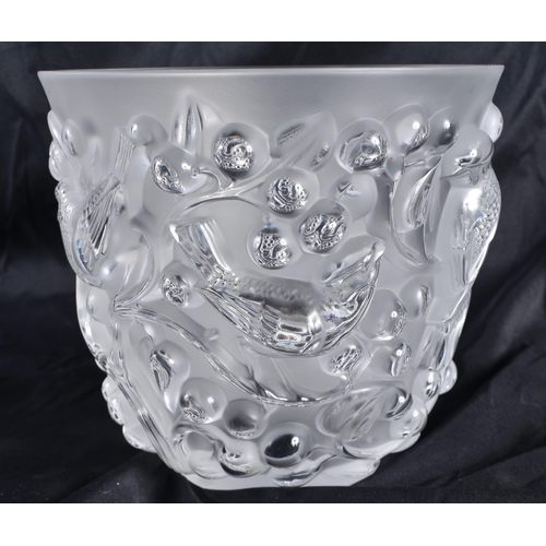 535 - A LALIQUE GLASS BIRD VASE. 15 cm x 15 cm.