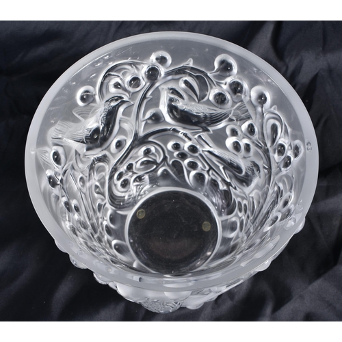 535 - A LALIQUE GLASS BIRD VASE. 15 cm x 15 cm.