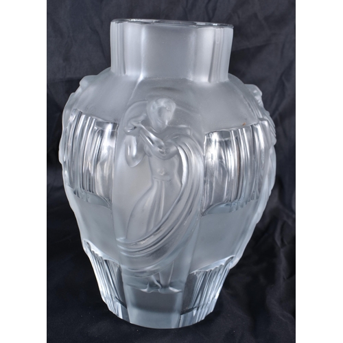 536 - A LALIQUE GLASS NUDE VASE. 25 cm high.