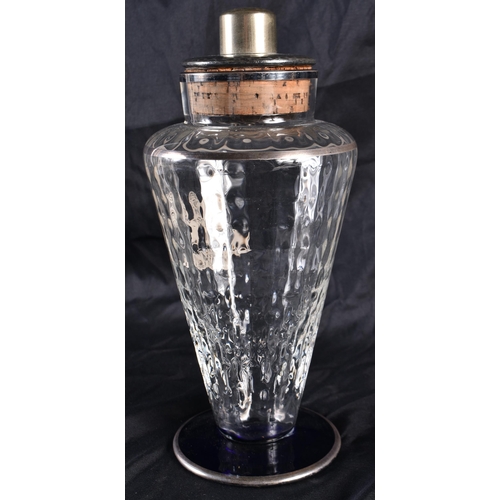 537 - AN ART DECO ENAMELLED GLASS COCKTAIL SHAKER. 24 cm high.