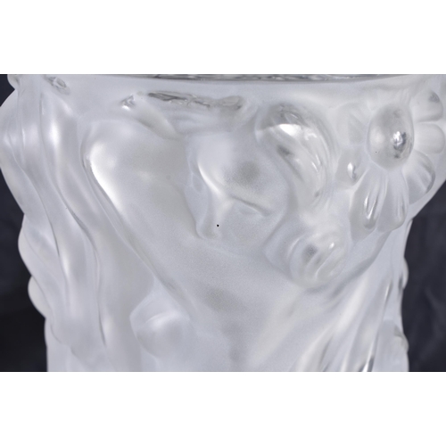 544 - A LARGE LALIQUE STYLE CZECH GLASS NUDES VASE. 36 cm high.