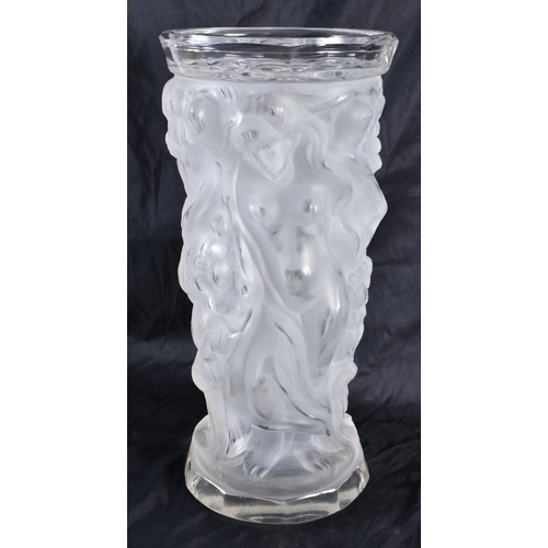 544 - A LARGE LALIQUE STYLE CZECH GLASS NUDES VASE. 36 cm high.