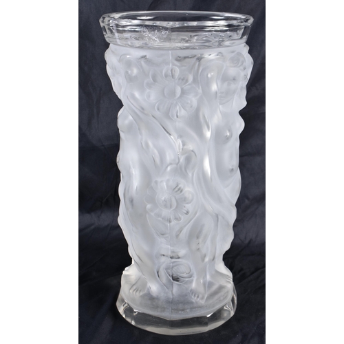 544 - A LARGE LALIQUE STYLE CZECH GLASS NUDES VASE. 36 cm high.