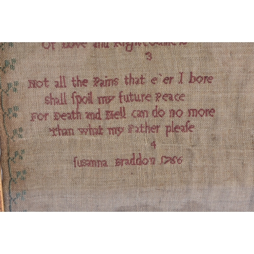 5 - A MID 18TH CENTURY FRAMED SAMPLER POEM C1756 by Susanna Braddon. 38 cm x 24 cm.