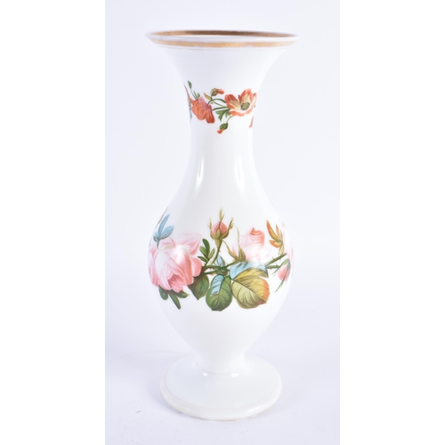 58 - A VICTORIAN ENAMELLED OPALINE GLASS VASE painted with bold foliage. 27 cm high.