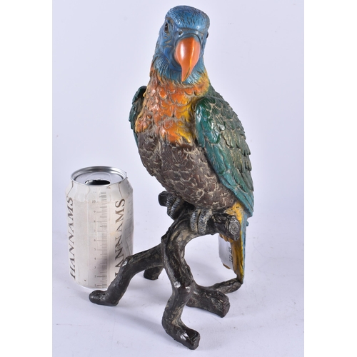 597 - A CONTINENTAL COLD PAINTED BRONZE PARROT. 28 cm high.