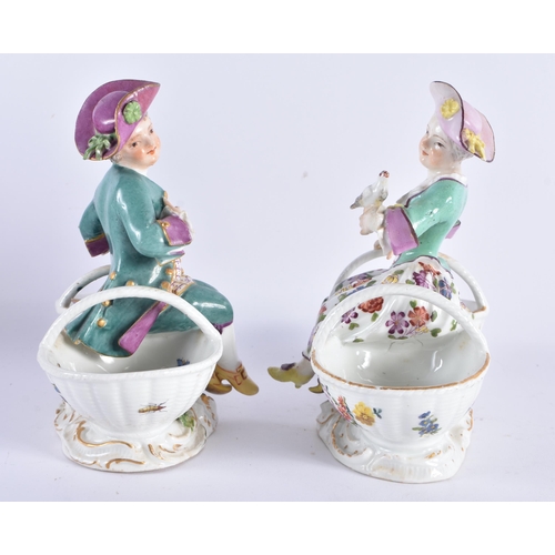 616 - A PAIR OF 19TH CENTURY GERMAN PORCELAIN FIGURAL SALTS painted with insects and flowers. 13 cm x 15 c... 