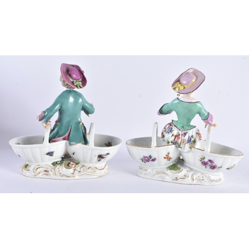 616 - A PAIR OF 19TH CENTURY GERMAN PORCELAIN FIGURAL SALTS painted with insects and flowers. 13 cm x 15 c... 