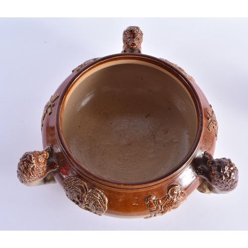 62 - A VERY UNUSUAL MID 19TH CENTURY ENGLISH STONEWARE TRI HANDLED BOWL with lions handles, decorated wit... 