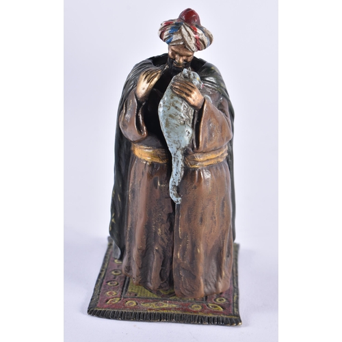 621 - AN AUSTRIAN COLD PAINTED BRONZE EROTIC FIGURE modelled as an Arabic male with a cat. 11 cm high.